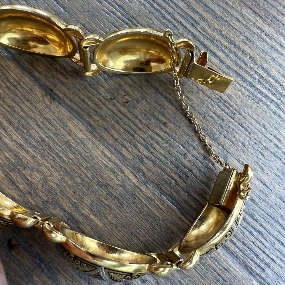Vintage Spanish Damascene Bracelet w/ Gold Tone Inlay On Black Enamel MCM - Picture 6 of 8